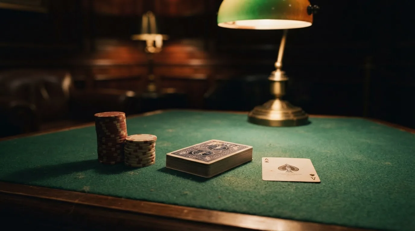 Kortlek och staplar av spelmarker på ett grönt filtbord i en dunkel salong, varmt lampsken — 10 euro casino i sverige