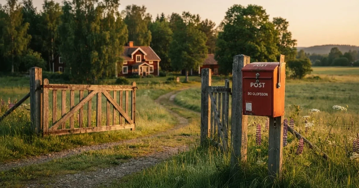 En röd brevlåda vid grinden till en lantgård en sommarkväll, daggigt gräs och långa skuggor — 10 euro casino i sverige
