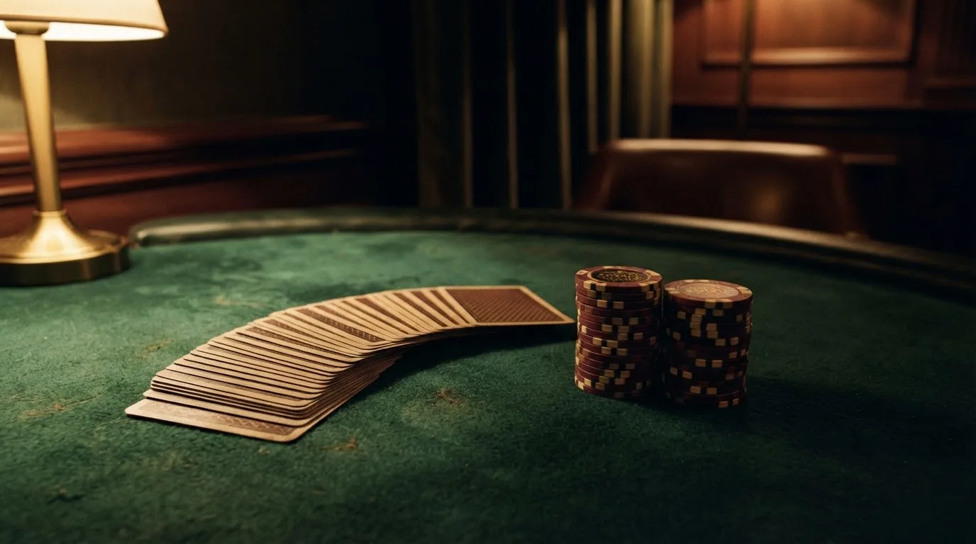 Kortlek och staplar av spelmarker på ett grönt filtbord i en dunkel salong, varmt lampsken — 10 free spins casino i sverige