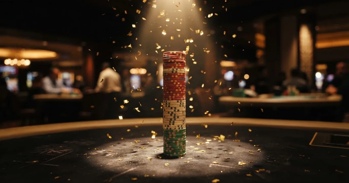 Guldkonfetti faller över spelmarker på ett svart bord, en ljuskägla träffar högens topp — 10 free spins casino i sverige
