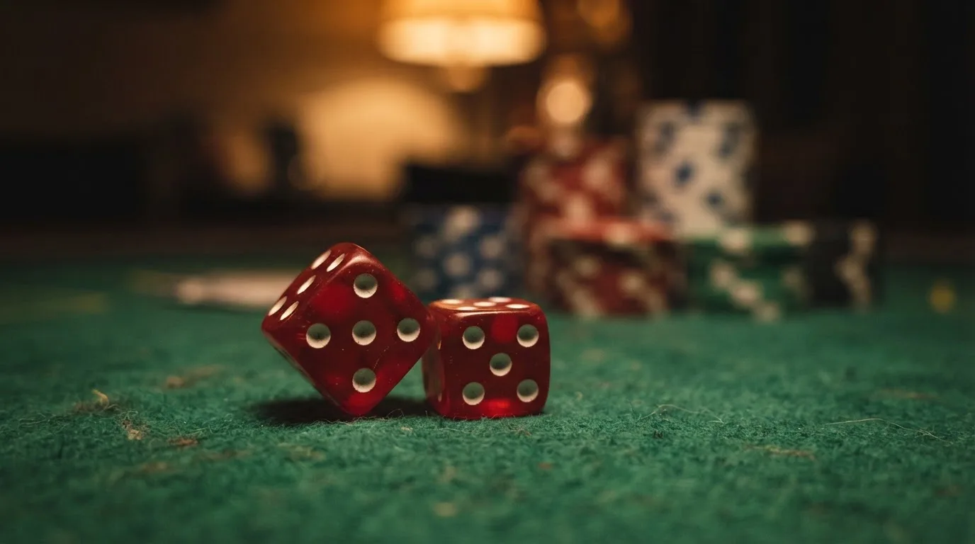 Röda tärningar vilar på grönt filt, bakom dem suddiga torn av spelmarker i kvällsdunklet — 10 kr casino i sverige