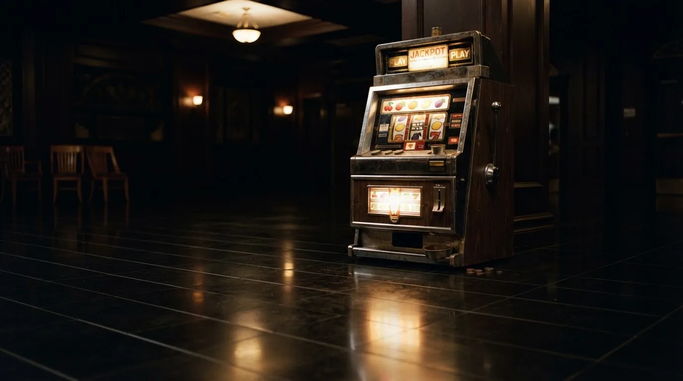 En gammal spelautomat lyser i den dunkla hallen och speglar sig i golvet — 100 free spins casino i sverige