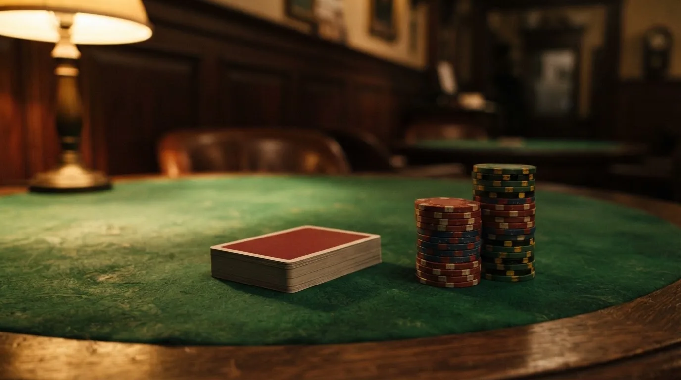 Kortlek och staplar av spelmarker på ett grönt filtbord i en dunkel salong, varmt lampsken — 150 free spins casino i sverige