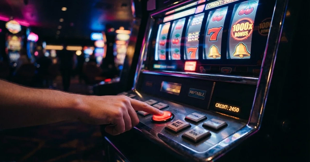 Ett finger trycker på spelautomatens klarröda knapp i dunklet, neonljus lyser runt omkring — 150 free spins casino i sverige