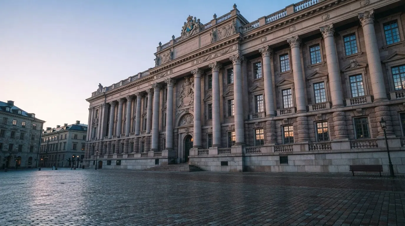 Stenfasad på en statlig byggnad i Stockholm vid gryning, höga pelare och ett tomt torg framför — 150 free spins casino i sverige