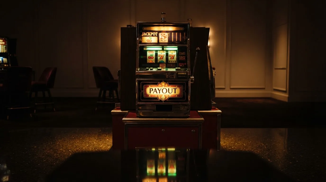 En gammal spelautomat lyser i den dunkla hallen och speglar sig i golvet — 150 kr casino i sverige
