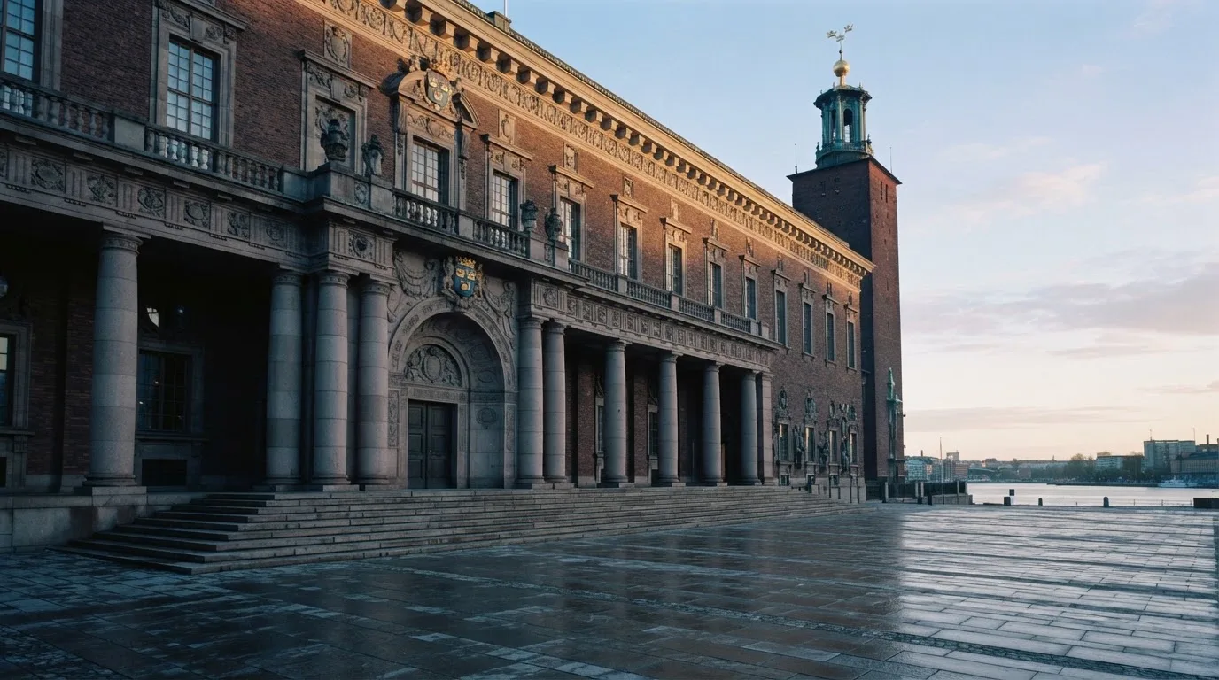 Stenfasad på en statlig byggnad i Stockholm vid gryning, höga pelare och ett tomt torg framför — 150 kr casino i sverige