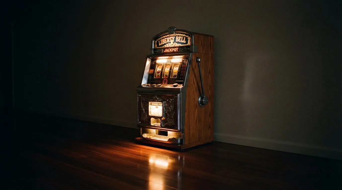 En gammal spelautomat lyser i den dunkla hallen och speglar sig i golvet — 20 euro casino i sverige