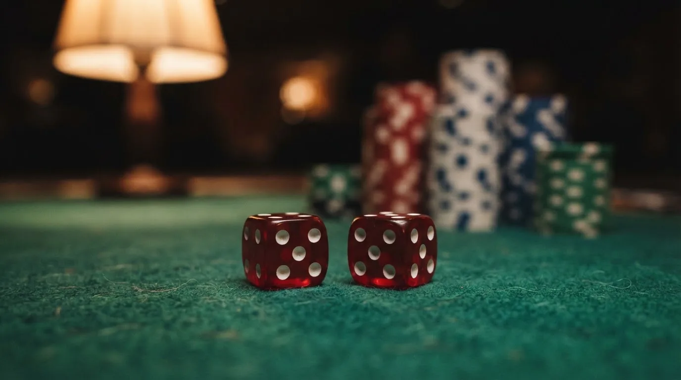 Röda tärningar vilar på grönt filt, bakom dem suddiga torn av spelmarker i kvällsdunklet — 20 free spins casino i sverige