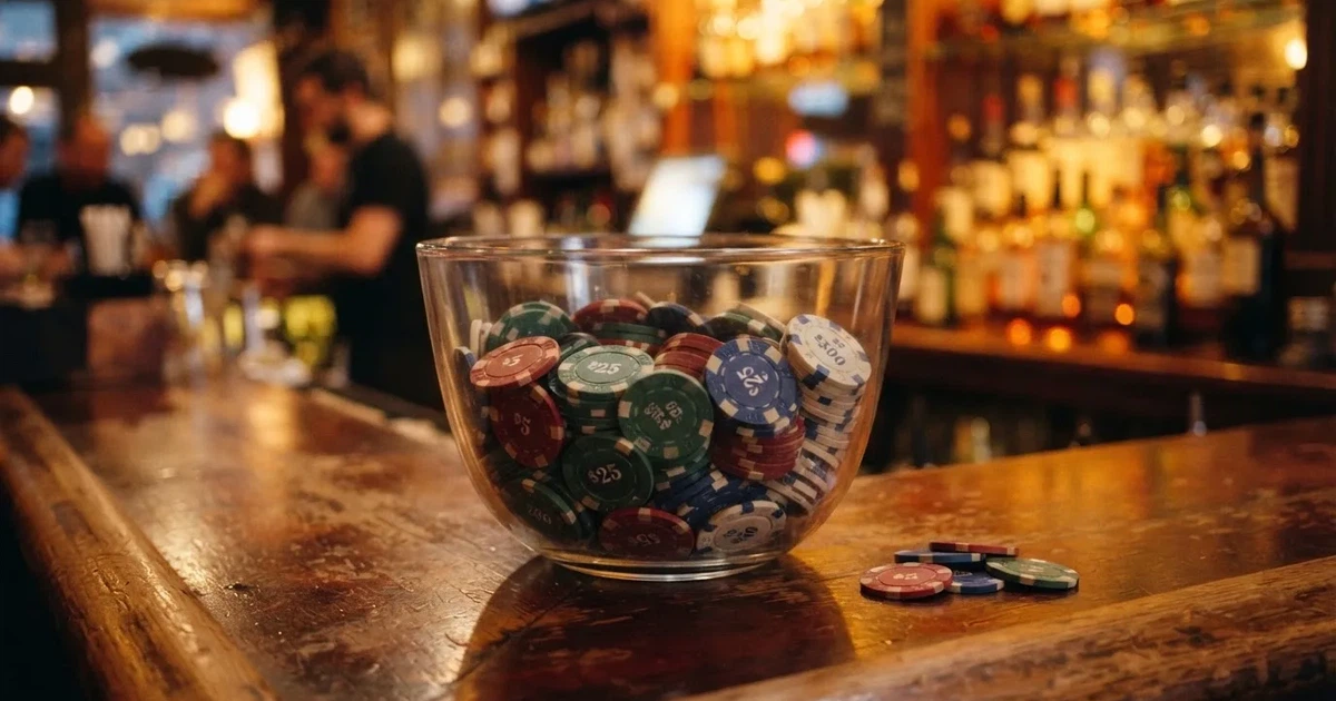 En glasskål full av färgglada spelmarker på en bardisk, flaskor glöder bakom i bärnstensfärg — 20 free spins casino i sverige