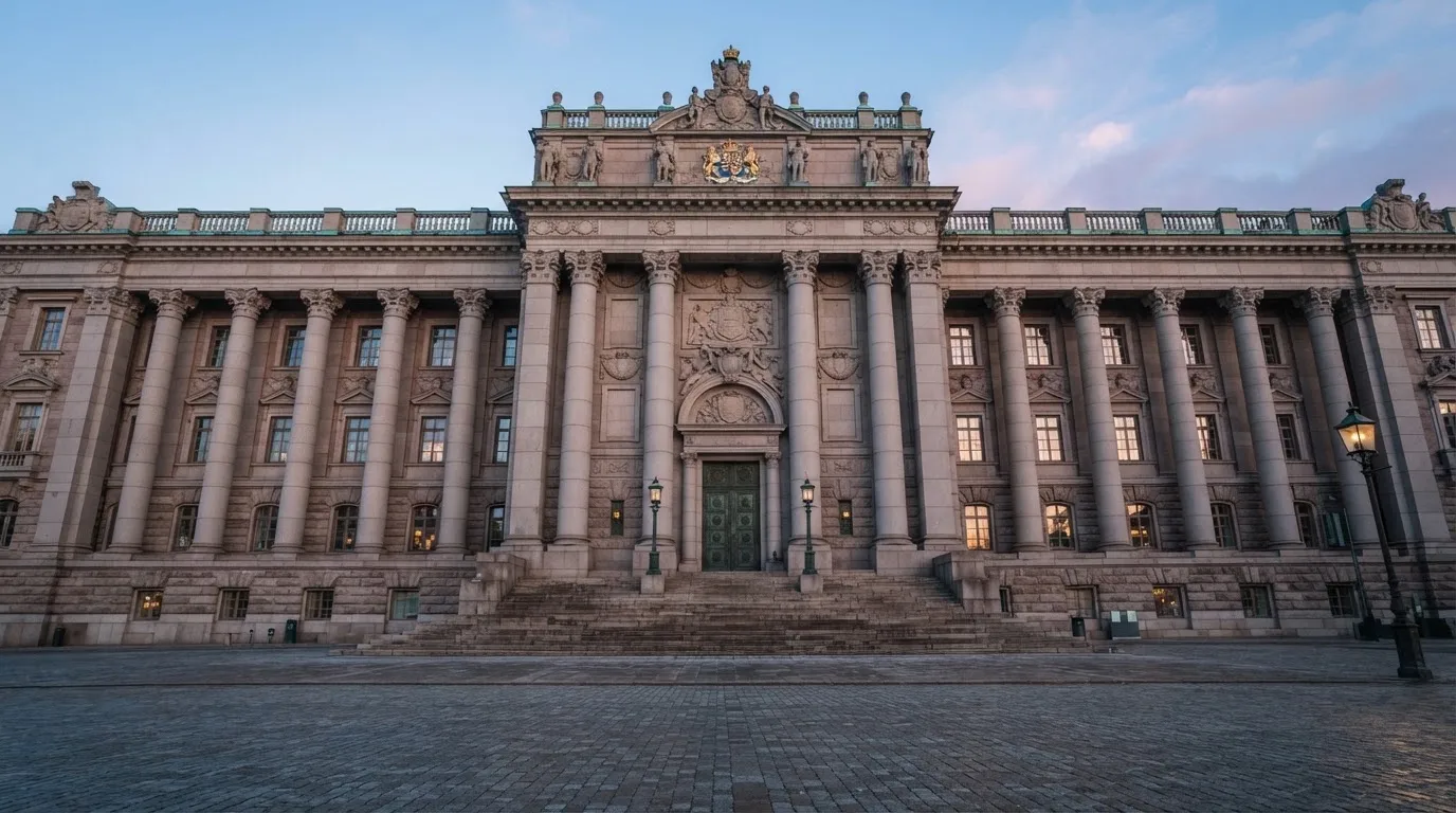 Stenfasad på en statlig byggnad i Stockholm vid gryning, höga pelare och ett tomt torg framför — 20 free spins casino i sverige