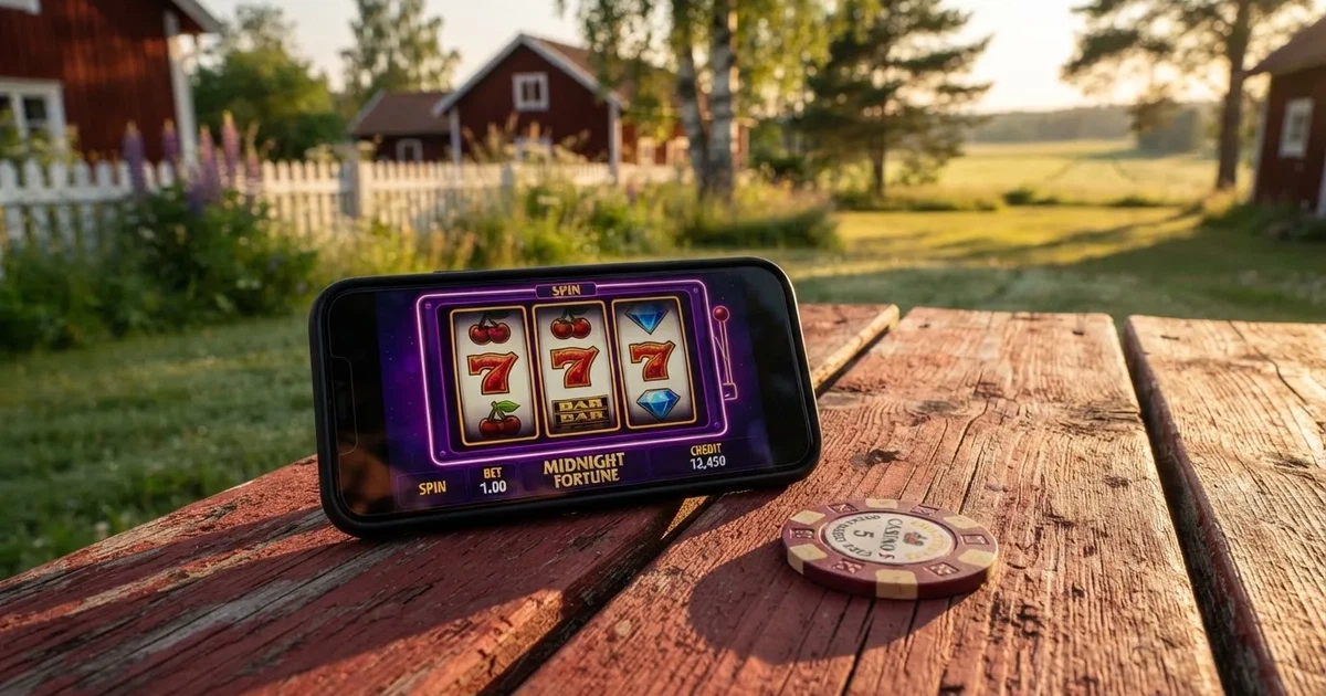 En röd brevlåda vid grinden till en lantgård en sommarkväll, daggigt gräs och långa skuggor — 20 kr casino i sverige