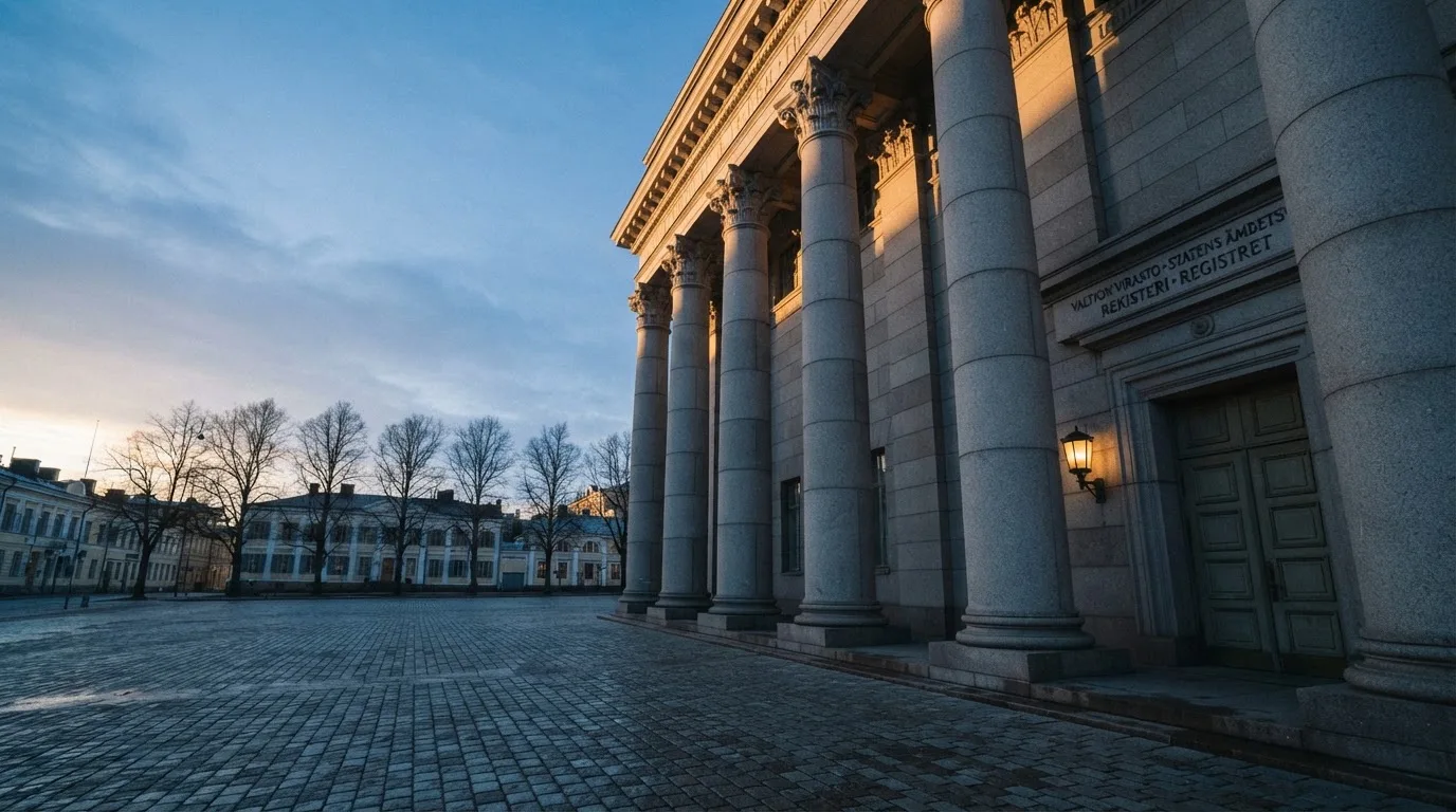Stenfasad på en statlig byggnad i Stockholm vid gryning, höga pelare och ett tomt torg framför — 200 kr casino i sverige