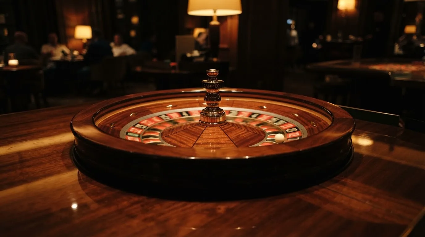 Ett roulettehjul snurrar på ett blankt träbord, den vita kulan glimmar i takljusets guld — 30 free spins casino i sverige