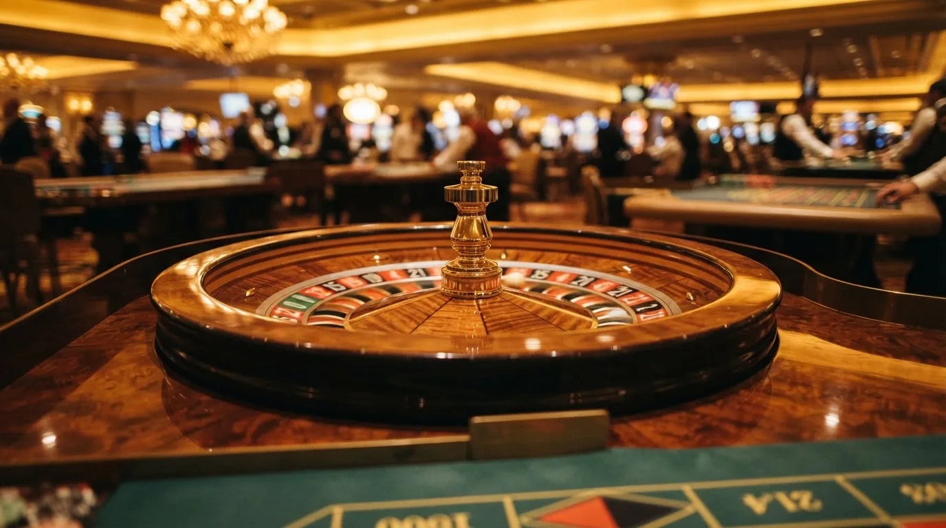 Ett roulettehjul snurrar på ett blankt träbord, den vita kulan glimmar i takljusets guld — 40 free spins casino i sverige