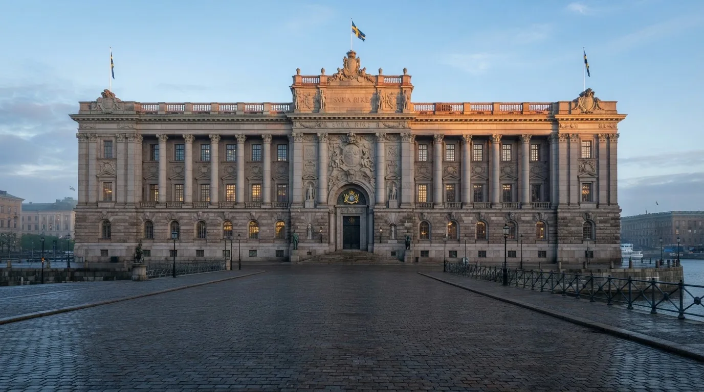 Stenfasad på en statlig byggnad i Stockholm vid gryning, höga pelare och ett tomt torg framför — 40 free spins casino i sverige