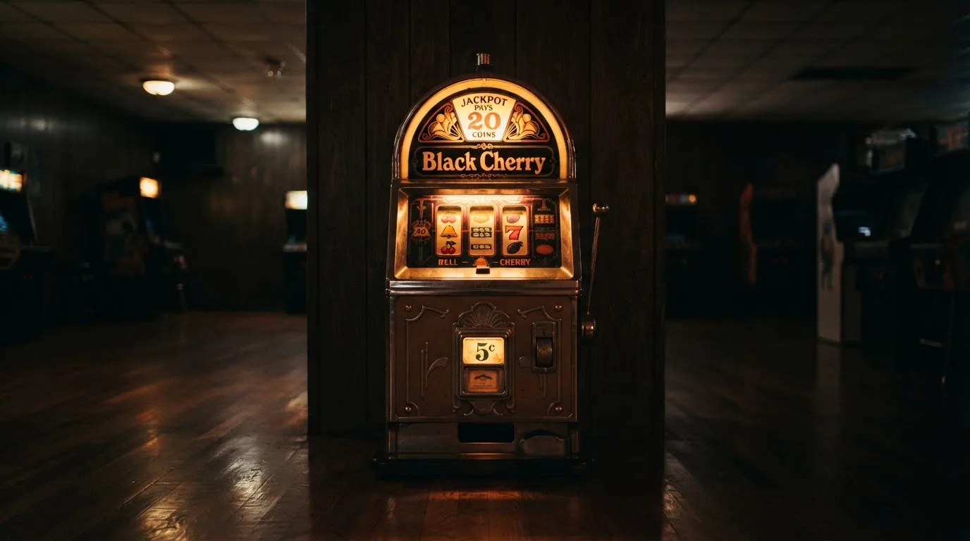 En gammal spelautomat lyser i den dunkla hallen och speglar sig i golvet — 5 euro casino i sverige