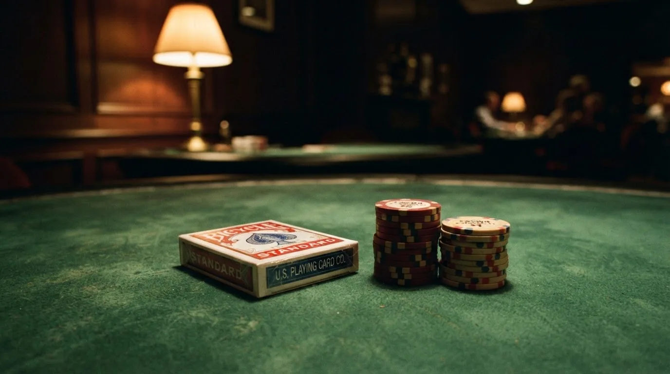 Kortlek och staplar av spelmarker på ett grönt filtbord i en dunkel salong, varmt lampsken — 50 euro casino i sverige
