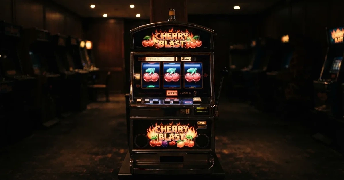 Rullarna på en spelautomat stannar i rad, klarröda körsbär lyser i den mörka spelhallen — 50 free spins casino i sverige