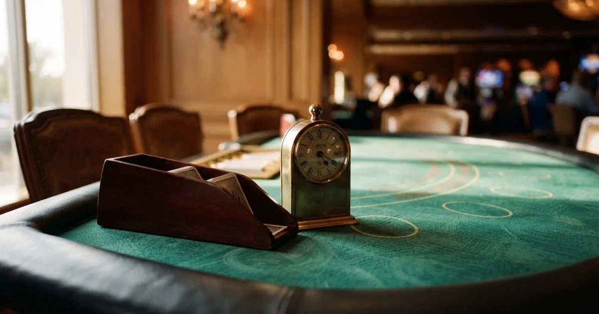 Grönt filt och en lång kortlåda av trä vid bordskanten, bredvid en blank mässingsklocka — bästa blackjack i sverige
