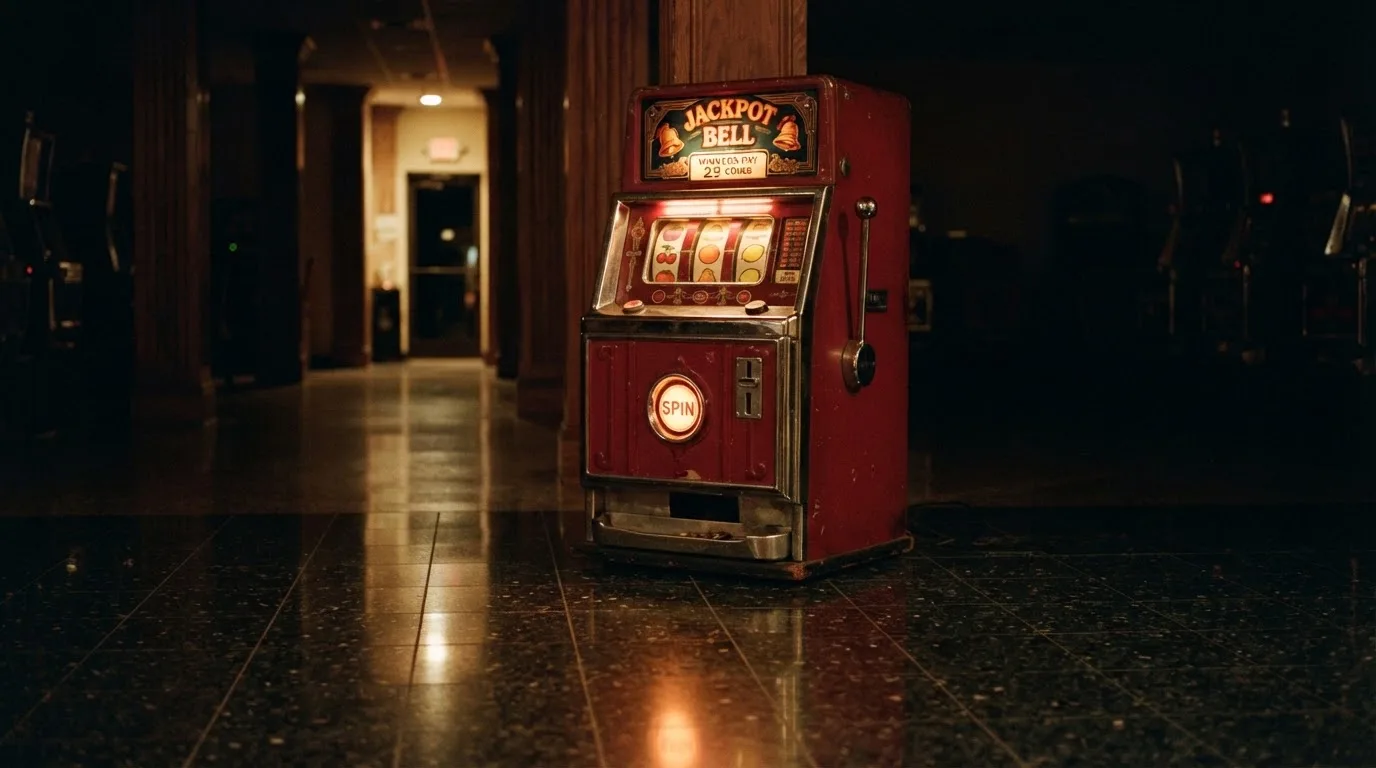 En gammal spelautomat lyser i den dunkla hallen och speglar sig i golvet — bästa kasino i sverige