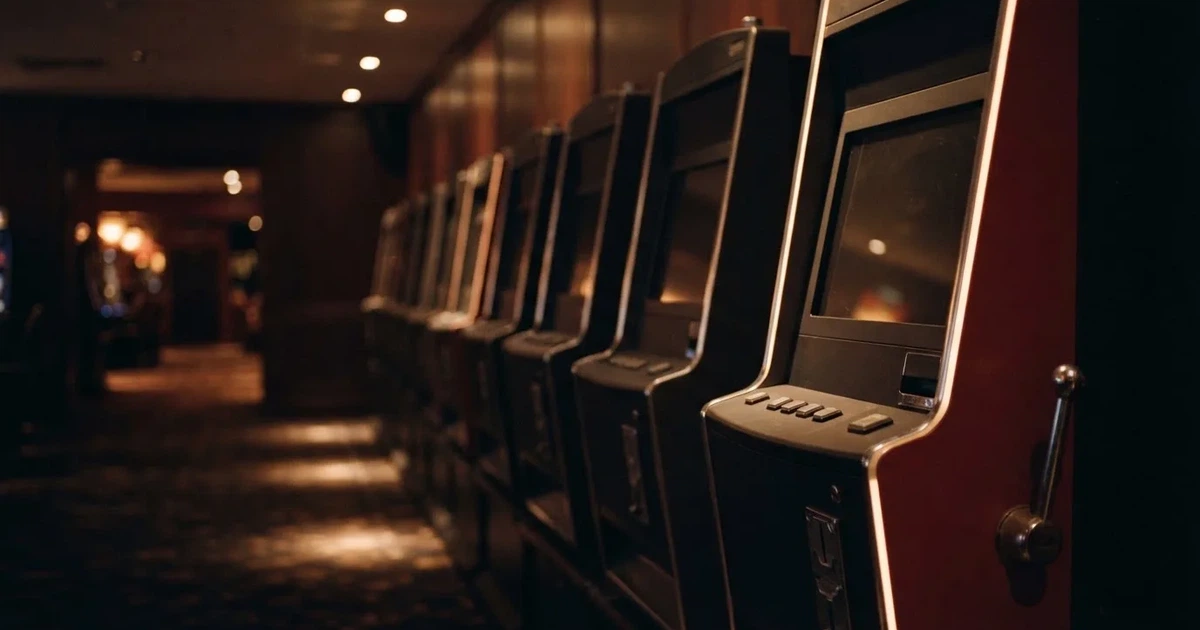 Rader av tomma spelautomater med släckta skärmar står uppställda i ett dimmat rum, fotograferat snett från sidan.