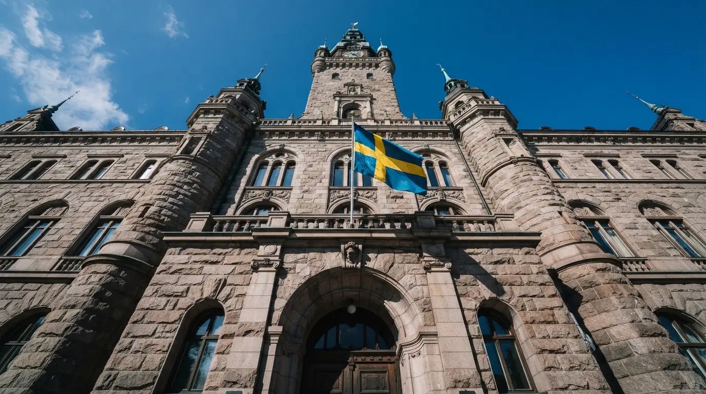 Ett gammalt stadshus i sten fotograferat underifrån mot en klarblå himmel, med den svenska flaggan som fladdrar ovanför entrén.