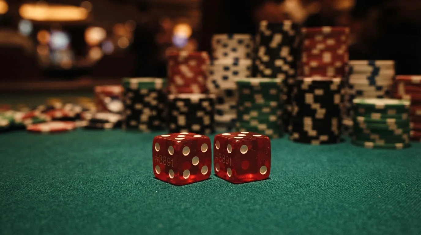 Röda tärningar vilar på grönt filt, bakom dem suddiga torn av spelmarker i kvällsdunklet — betala på casino i sverige