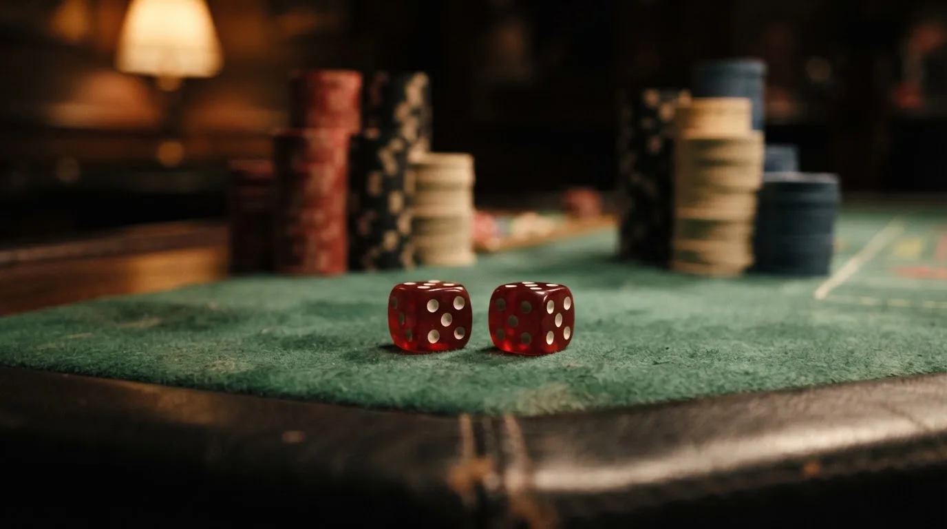 Röda tärningar vilar på grönt filt, bakom dem suddiga torn av spelmarker i kvällsdunklet — blackjack gratis i sverige
