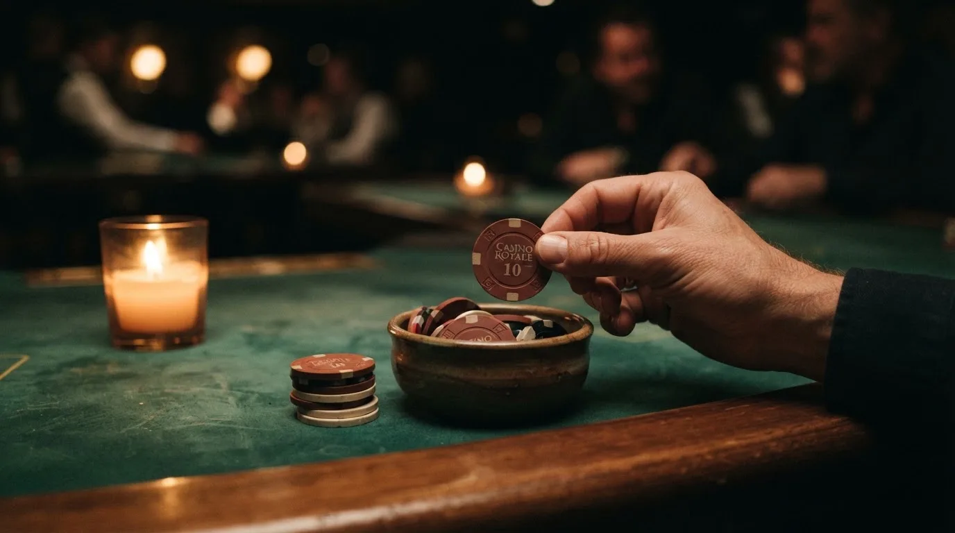 En hand lyfter en spelmark ur en skål, ljuslågan färgar bordet gyllenbrunt — blackjack med live dealer i sverige