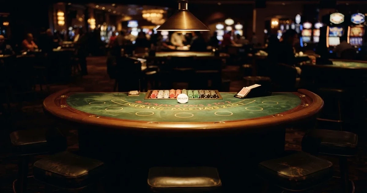 Ett ovalt pokerbord under en lågt hängande lampa, med spelmarker och en vit bricka i ljuset — blackjack med live dealer i sverige