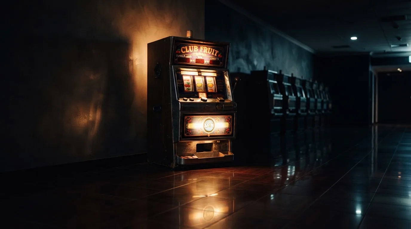 En gammal spelautomat lyser i den dunkla hallen och speglar sig i golvet — blackjack på nätet i sverige