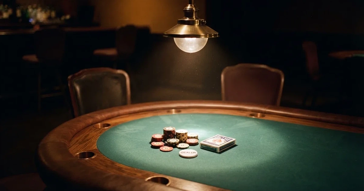 Ett ovalt pokerbord under en lågt hängande lampa, med spelmarker och en vit bricka i ljuset — blackjack på nätet i sverige