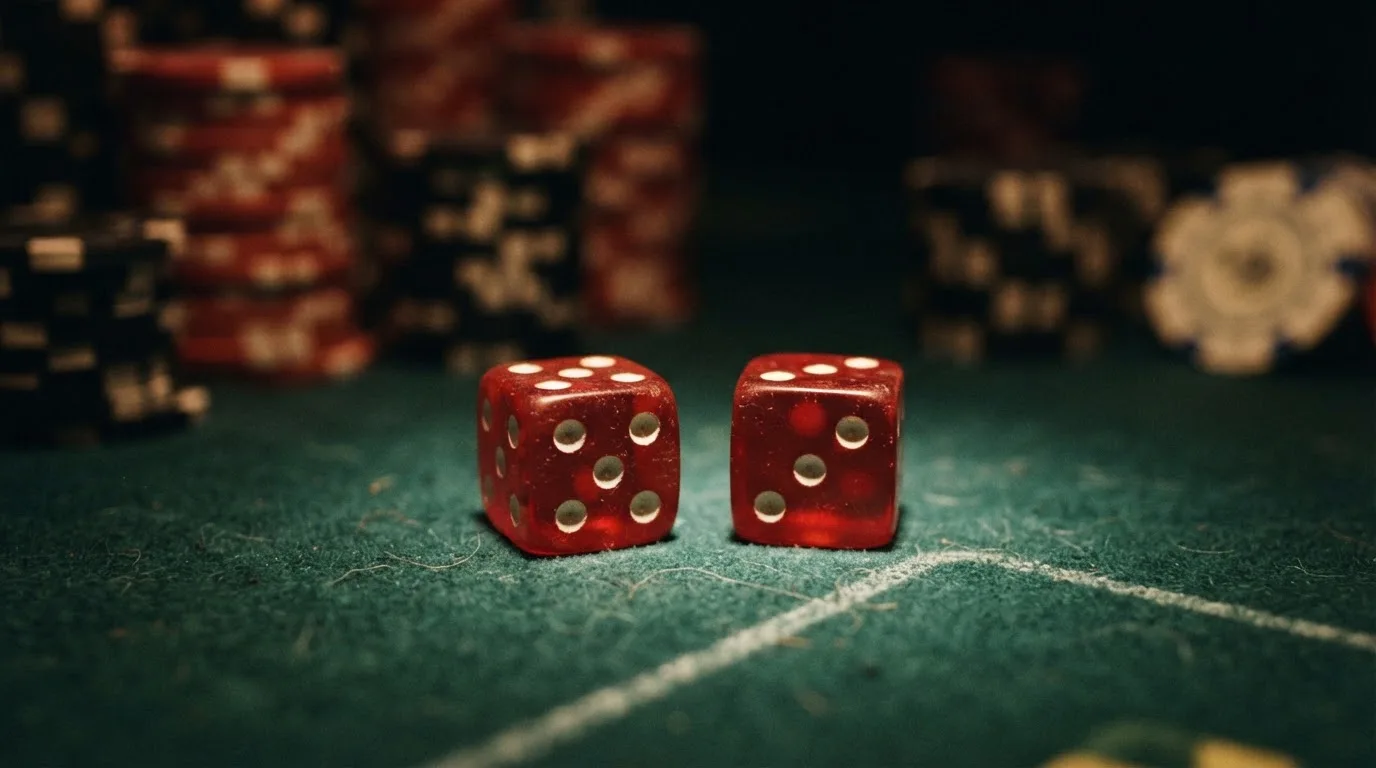 Röda tärningar vilar på grönt filt, bakom dem suddiga torn av spelmarker i kvällsdunklet — bra svenska casinon