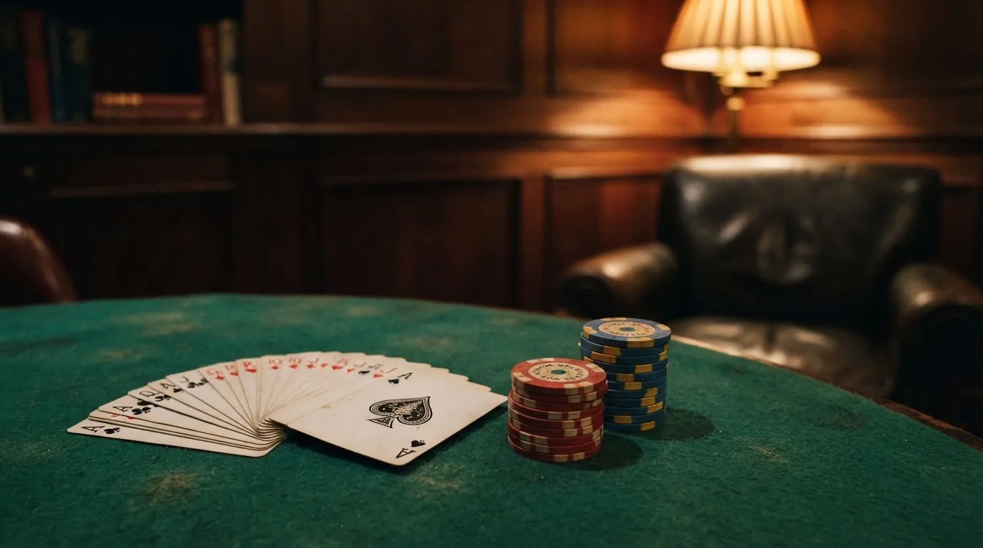 Kortlek och staplar av spelmarker på ett grönt filtbord i en dunkel salong, varmt lampsken — cashback på casino i sverige