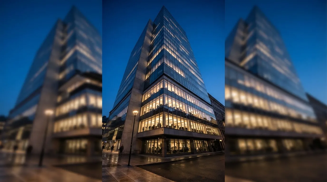 En modern kontorsbyggnad fotograferad underifrån i skymning med tända fönster mot en klarblå himmel.