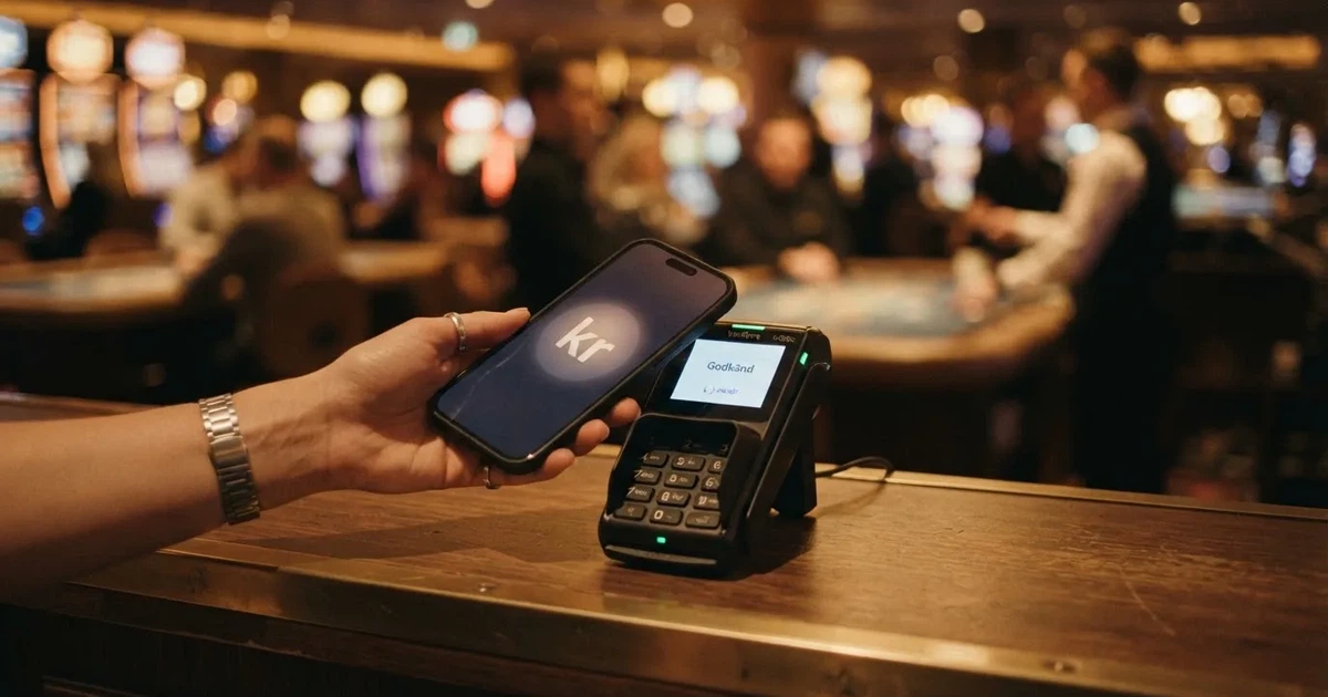 En hand håller ett betalkort nära en kortterminal för en kontaktlös betalning, fotograferat i närbild med varm belysning.