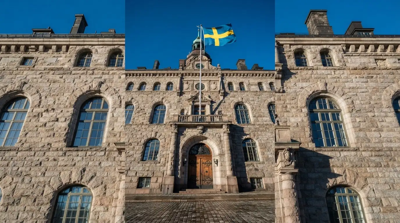 Ett gammalt stadshus i sten fotograferat underifrån mot en klarblå himmel, med den svenska flaggan som fladdrar ovanför entrén.
