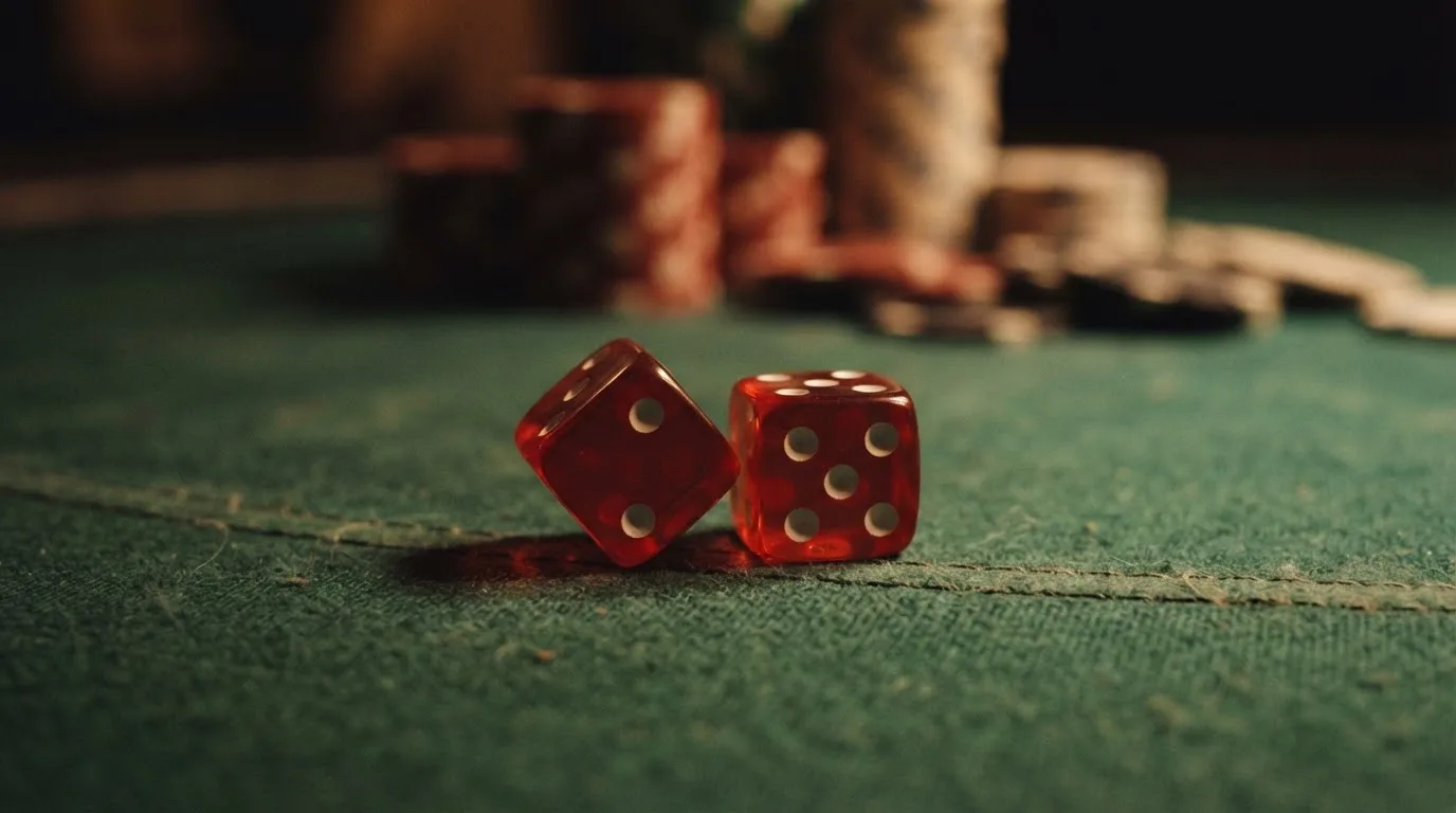 Röda tärningar vilar på grönt filt, bakom dem suddiga torn av spelmarker i kvällsdunklet — casino erbjudanden i sverige