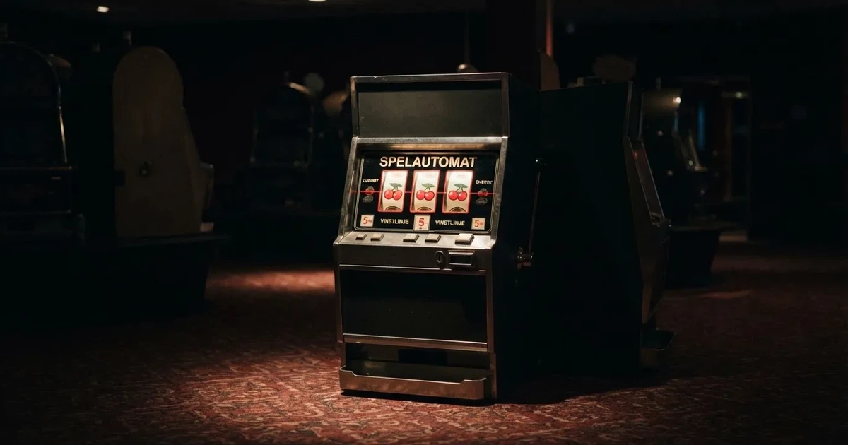 Rullarna på en spelautomat stannar i rad, klarröda körsbär lyser i den mörka spelhallen — casino erbjudanden i sverige