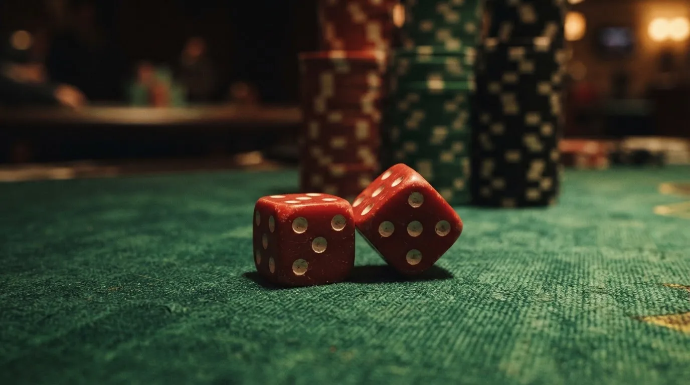 Röda tärningar vilar på grönt filt, bakom dem suddiga torn av spelmarker i kvällsdunklet — casino guider för svenskar