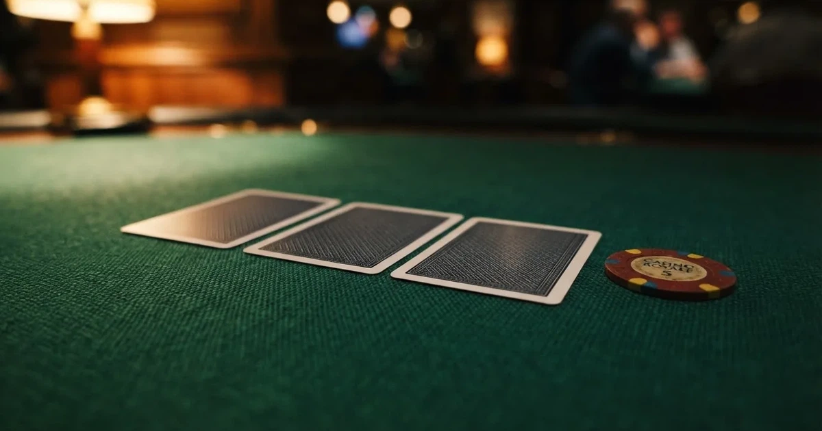 Kort delade med framsidan nedåt på grönt filt, marker väntar bredvid i varmt ljus — casino guider för svenskar