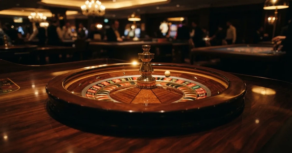 Ett roulettehjul snurrar på ett blankt träbord, den vita kulan glimmar i takljusets guld — casinon för riktiga pengar