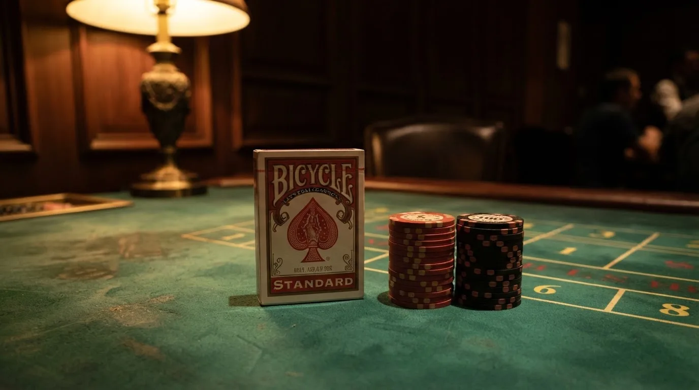 Kortlek och staplar av spelmarker på ett grönt filtbord i en dunkel salong, varmt lampsken — casinon med baccarat i sverige
