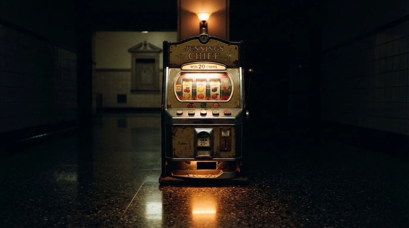 En gammal spelautomat lyser i den dunkla hallen och speglar sig i golvet — casinon med bankid i sverige