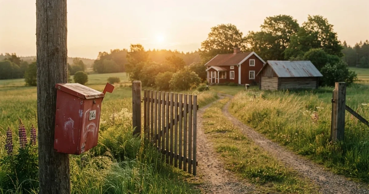 En röd brevlåda vid grinden till en lantgård en sommarkväll, daggigt gräs och långa skuggor — casinon med bankid i sverige