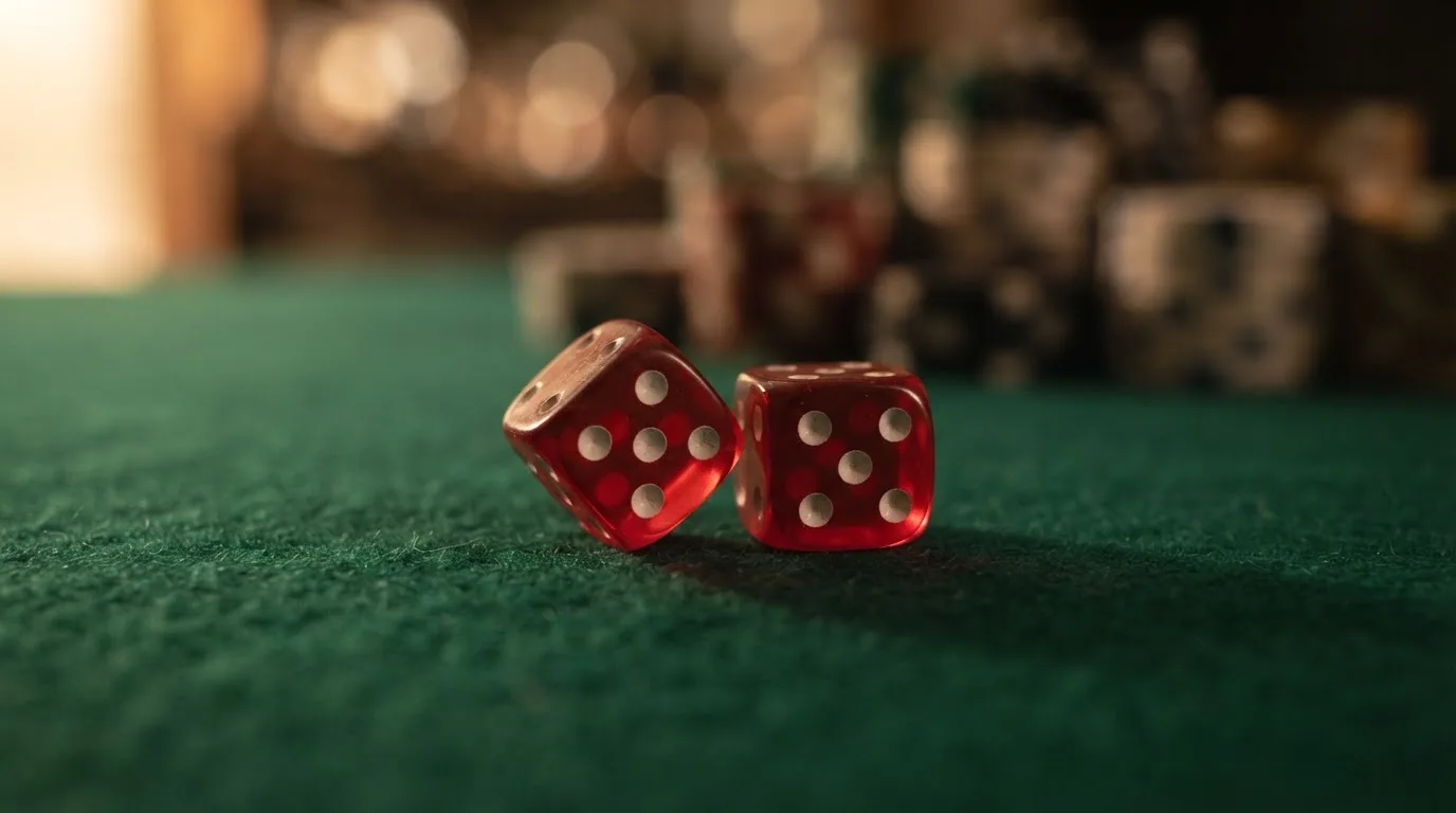 Röda tärningar vilar på grönt filt, bakom dem suddiga torn av spelmarker i kvällsdunklet — casinon med bingo i sverige