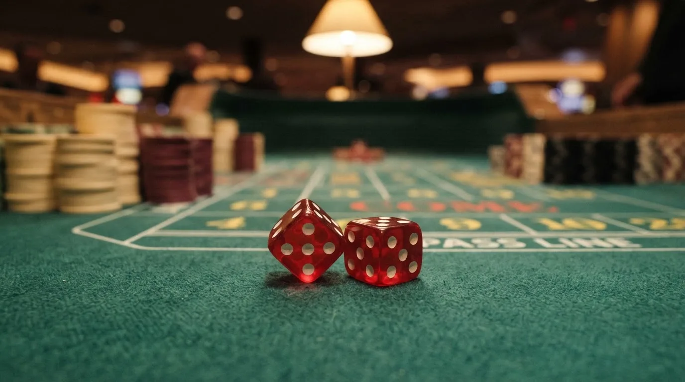 Röda tärningar vilar på grönt filt, bakom dem suddiga torn av spelmarker i kvällsdunklet — casinon med craps i sverige
