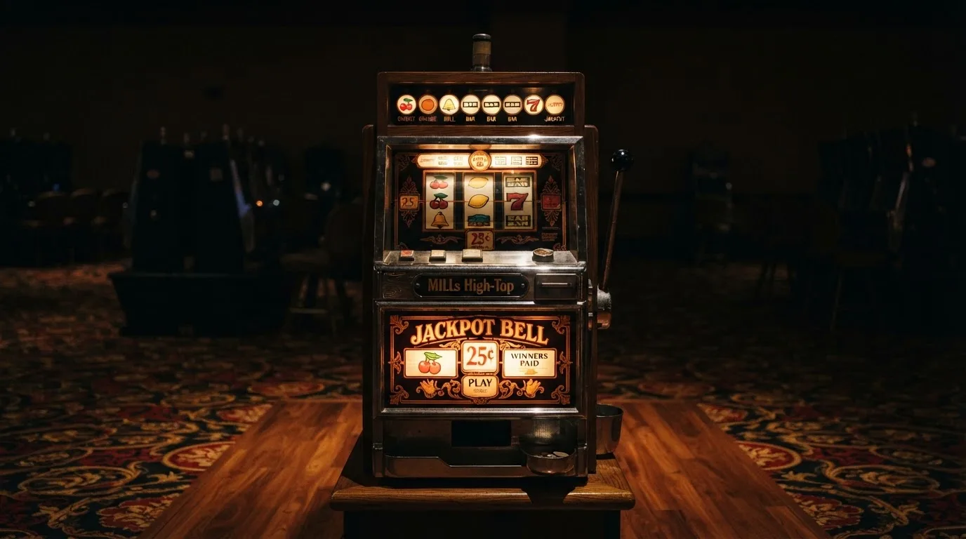 En gammal spelautomat lyser i den dunkla hallen och speglar sig i golvet — casinon med curaçao licens