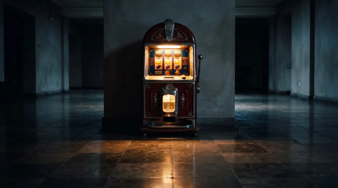 En gammal spelautomat lyser i den dunkla hallen och speglar sig i golvet — casinon med gratis spins i sverige
